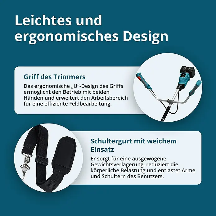 Könner & Söhnen Akku-Rasentrimmer KS BCT - 40 V, Li-Ionen, Ohne Akku - Bild einer Rasentrimmer-Produktwerbung mit dem ergonomischen Design des Griffs und eines weichen Schultergurts.