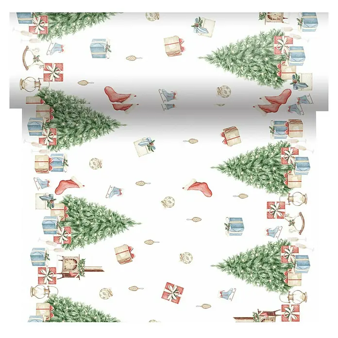 Duni Tischläufer Dunicel® - 4,8 m x 40 cm, Bunt, Tree Gift - Festliches gerolltes Geschenkpapier mit Weihnachtsmotiven wie Tannenbäumen, Geschenken, Ornamenten und nostalgischen Winterelementen.