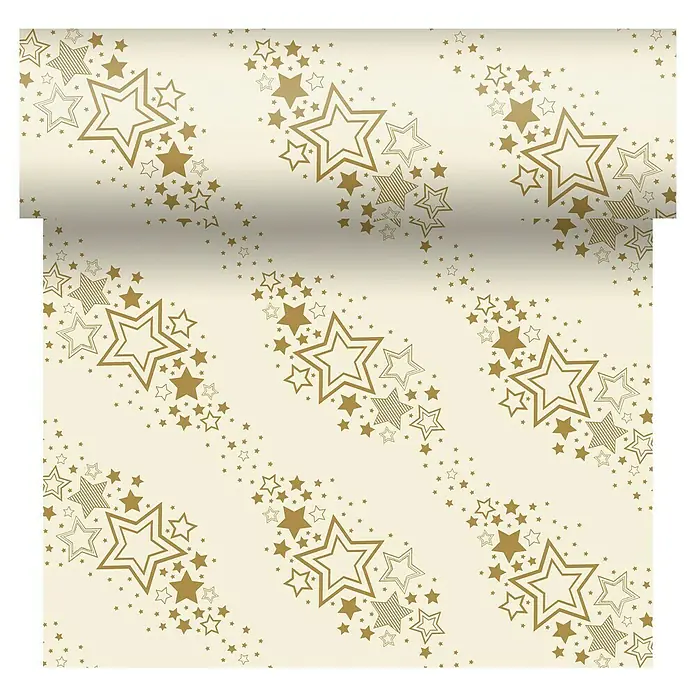 Duni Tischläufer Dunicel® - 4,8 m x 40 cm, Gold, Holiday Cream - Goldene Sterne-Tapete: Elegantes Design mit goldenen Sternen auf cremefarbenem Hintergrund, perfekt für stilvolle Raumgestaltung.