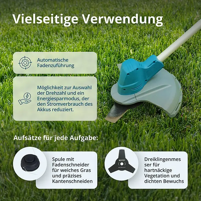 Könner & Söhnen Akku-Rasentrimmer KS BCT - 40 V, Li-Ionen, Ohne Akku - Vielseitige Verwendung mit automatischer Fadenzuführung und verschiedenen Aufsätzen für jede Aufgabe, wie Spule mit Fadenschneider.