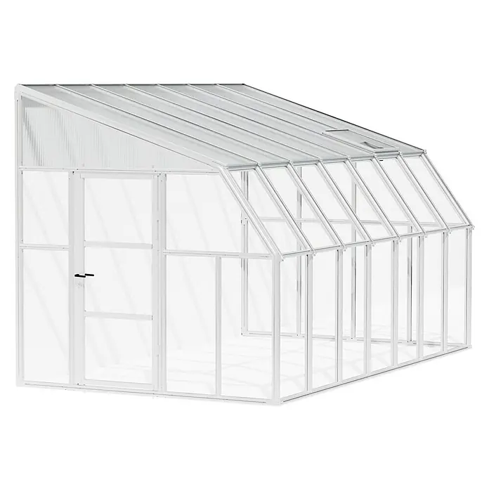 Palram – Canopia Terraza Solarium Sun Room - Medidas ext. (An x Pr): 446 x 257 cm, Plástico, Blanco - Primer plano de un invernadero blanco con paredes transparentes, ideal para los amantes de la jardinería.