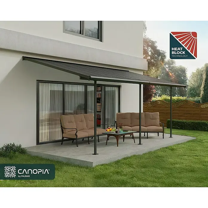 Palram – Canopia Terrassenüberdachung Capri - B x T: 619 x 299 cm, Anthrazitgrau, Polycarbonat, Grau - Moderne Terrassenüberdachung von Canopia by Palram mit Heat Block Technologie für optimalen Sonnenschutz und stilvolles Design im Garten.