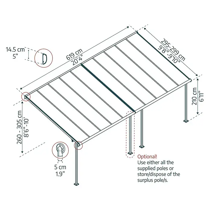 Palram – Canopia Marquesina adosada Capri - An x Pr: 619 x 299 cm, Antracita, Policarbonato, Gris - Dibujo detallado de una cubierta de patio con dimensiones de altura, anchura y espaciamiento de postes.