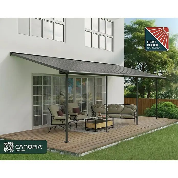 Palram – Canopia Terrassenüberdachung Capri - B x T: 739 x 299 cm, Anthrazitgrau, Polycarbonat, Grau - Moderne Terrassenüberdachung mit "Heat Block Technology" von Canopia by Palram für optimalen Sonnenschutz und stilvolles Design im Außenbereich.