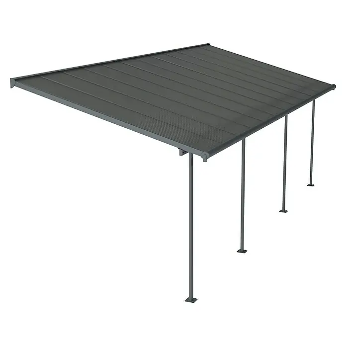Palram – Canopia Marquesina adosada Capri - An x Pr: 739 x 299 cm, Antracita, Policarbonato, Gris - La imagen muestra un moderno carport con un techo gris resistente y pilares de soporte robustos, ideal para proteger su vehículo de los elementos.