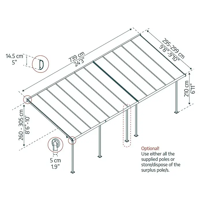 Palram – Canopia Marquesina adosada Capri - An x Pr: 739 x 299 cm, Antracita, Policarbonato, Gris - Croquis del producto del pabellón con dimensiones de longitud (739cm), ancho (295-299cm) y alto (210cm) así como detalles de postes y fijación.
