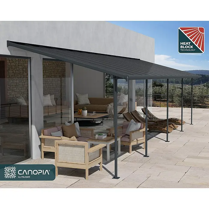 Palram – Canopia Marquesina adosada Capri - An x Pr: 860 x 299 cm, Antracita, Policarbonato, Gris - Cubierta de patio Canopia moderna con tecnología Heat Block. Elegante solución para exteriores para horas de relax.