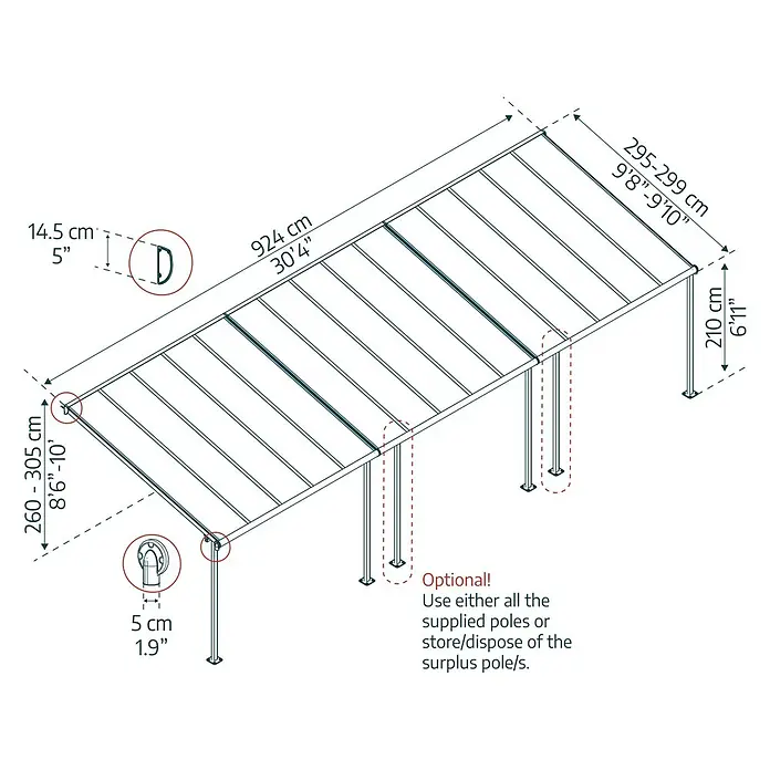 Palram – Canopia Marquesina adosada Capri - An x Pr: 924 x 299 cm, Antracita, Policarbonato, Gris - Un dibujo detallado de una cochera exterior, que muestra las medidas de altura, anchura y diámetro de los postes.