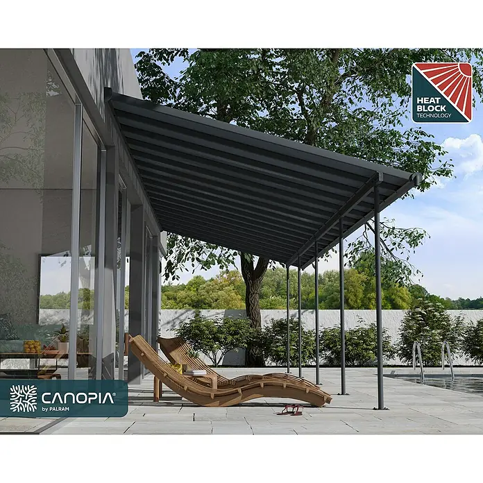 Palram – Canopia Marquesina adosada Capri - An x Pr: 980 x 299 cm, Antracita, Policarbonato, Gris - Aquí está la moderna cubierta de patio Canopia con estructura gris y protección contra el calor para horas de relax al aire libre.