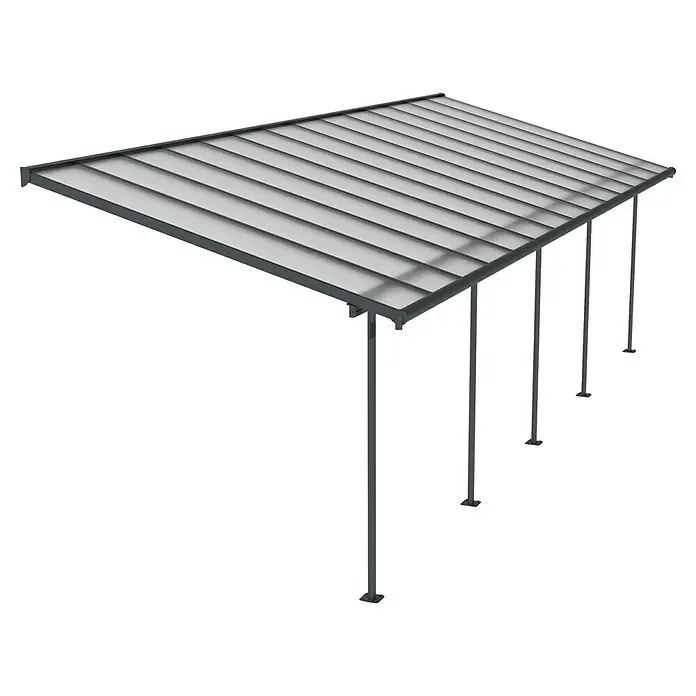Palram – Canopia Terrassenüberdachung Sierra - B x T: 860 x 299 cm, Anthrazitgrau, Polycarbonat, Klar - Bild eines modernen Carports mit grauem Rahmen und transparentem Dach, ideal zum Schutz von Fahrzeugen vor Witterungseinflüssen.
