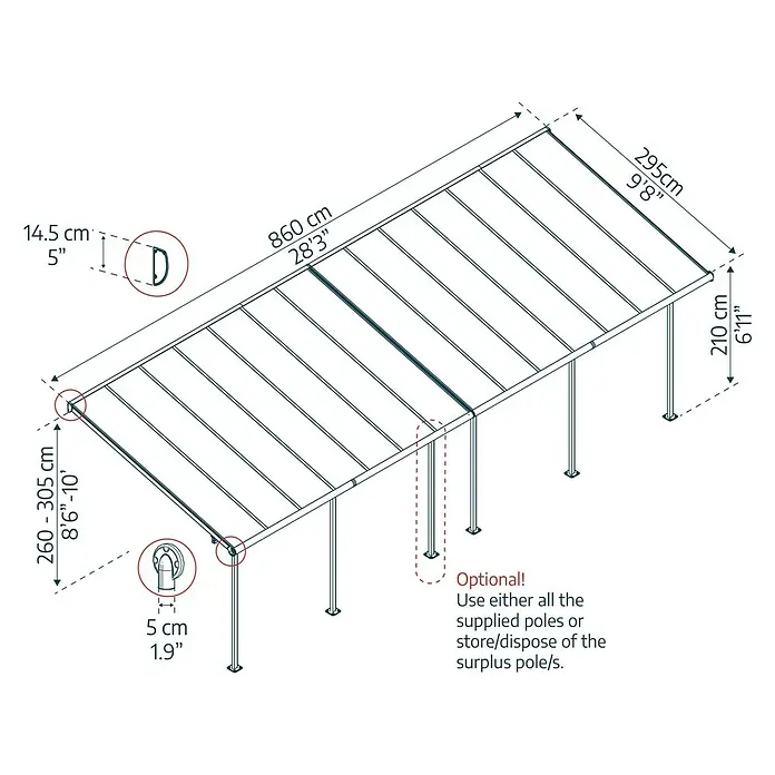 Palram – Canopia Terrassenüberdachung Sierra - B x T: 860 x 299 cm, Anthrazitgrau, Polycarbonat, Klar - Produktbild einer Terrassenüberdachung mit Maßangaben zu Höhe, Breite und Tiefe in Zentimetern und Zoll.
