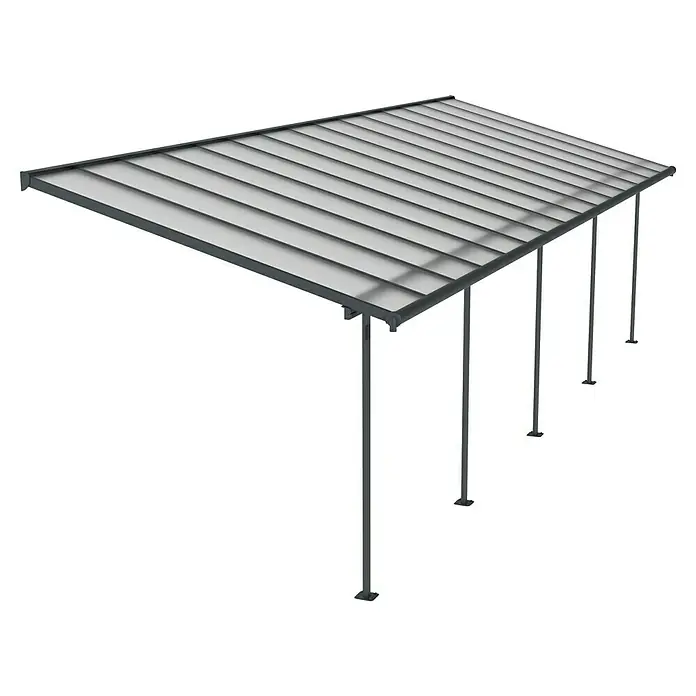 Palram – Canopia Terrassenüberdachung Sierra - B x T: 924 x 299 cm, Anthrazitgrau, Polycarbonat, Klar - Abbildung eines modernen Carports mit grauen Stahlträgern und einem schrägen Dach, ideal zum Schutz Ihres Fahrzeugs vor Witterungseinflüssen.