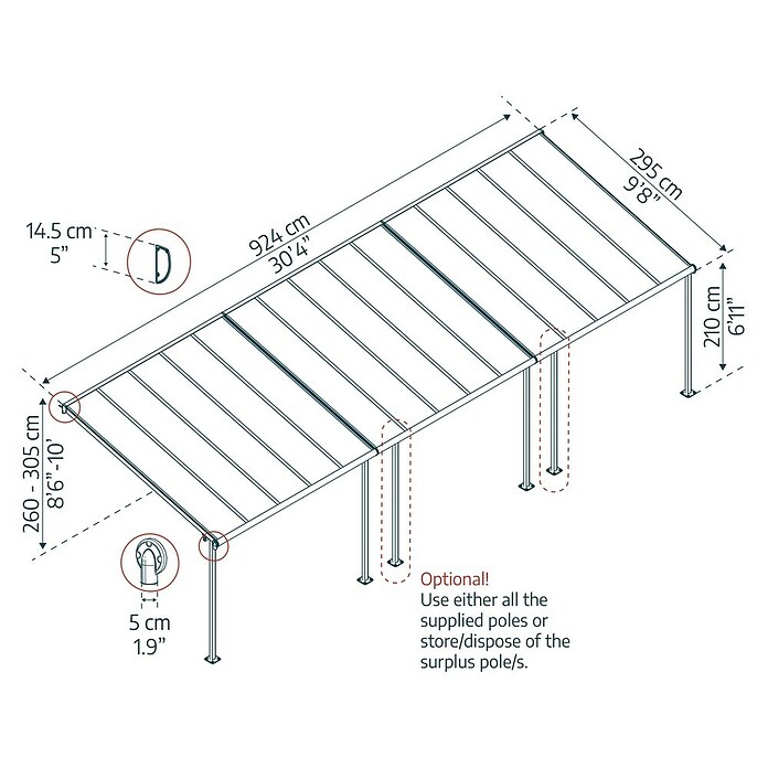 Palram – Canopia Terrassenüberdachung Sierra (B x T: 924 x 299 cm, Anthrazitgrau, Polycarbonat, Klar) | BAUHAUS