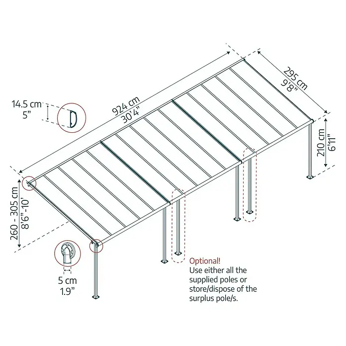 Palram – Canopia Terrassenüberdachung Sierra - B x T: 924 x 299 cm, Anthrazitgrau, Polycarbonat, Klar - Eine schematische Darstellung einer Terrassenüberdachung mit Maßangaben zu Länge, Breite und Höhe der Konstruktion.
