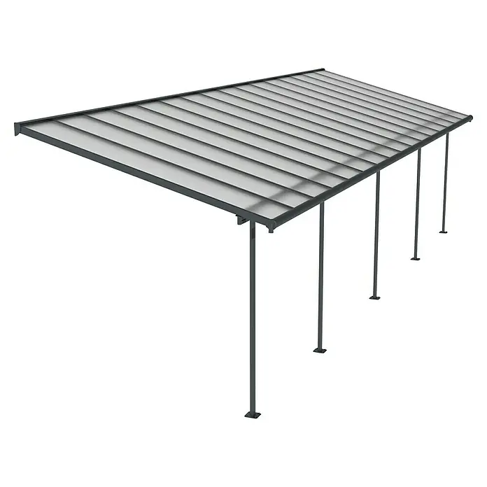 Palram – Canopia Terrassenüberdachung Sierra - B x T: 980 x 299 cm, Anthrazitgrau, Polycarbonat, Klar - Bild einer Terrassenüberdachung mit Lamellendach, die Schatten spendet und Schutz vor leichtem Regen bietet. Ideal für den Garten.