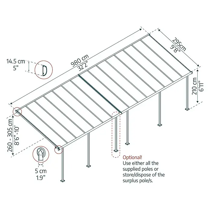 Palram – Canopia Terrassenüberdachung Sierra - B x T: 980 x 299 cm, Anthrazitgrau, Polycarbonat, Klar - Abbildung einer Terrassenüberdachung mit Maßangaben zu Länge, Breite und Höhe der Konstruktion.