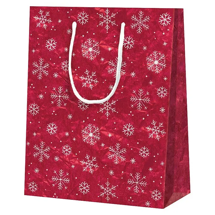 Duni Geschenktüte Surprise - 12,7 x 26 cm, Rot - Rote Geschenktüte mit weißen Schneeflocken und Henkeln, ideal für Weihnachtsgeschenke.