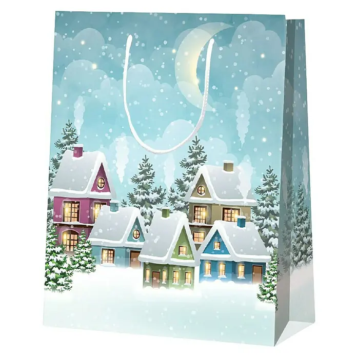 Duni Geschenktüte Magic - 9,8 x 17,8 x 22,9 cm, Bunt - Festliche Geschenktüte mit Winterdorf-Motiv, ideal für die Weihnachtszeit, mit Häusern unter Schnee und Mondschein. Perfekt zum Verschenken!