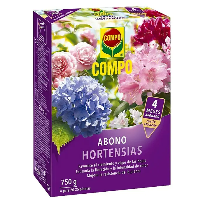 Compo Abono Hortensias - 750 g - La imagen muestra un paquete de fertilizante para hortensias COMPO con hortensias y rododendros en flor en el frente.