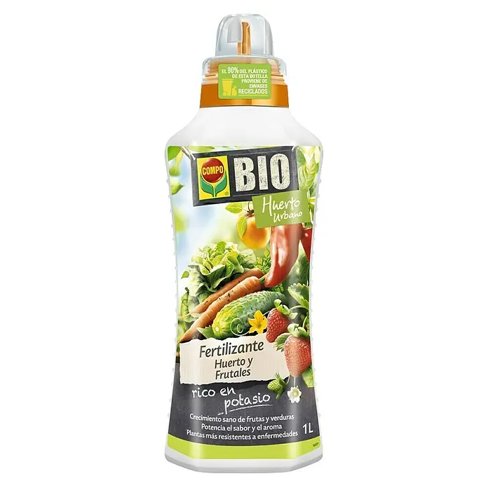 Compo Fertilizante líquido para huertos y frutales - 1 l - Compo Bio Fertilizante Líquido para Huerto y Frutales, 1 litro. El fertilizante es rico en potasio, asegurando un crecimiento saludable y plantas resistentes.