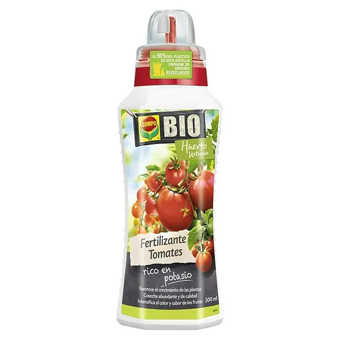 Compo Fertilizante para jardín para tomates - 500 ml - Imagen del producto de un fertilizante de tomate Compo Bio, rico en potasio y hecho con material reciclado, para promover el crecimiento de las plantas.