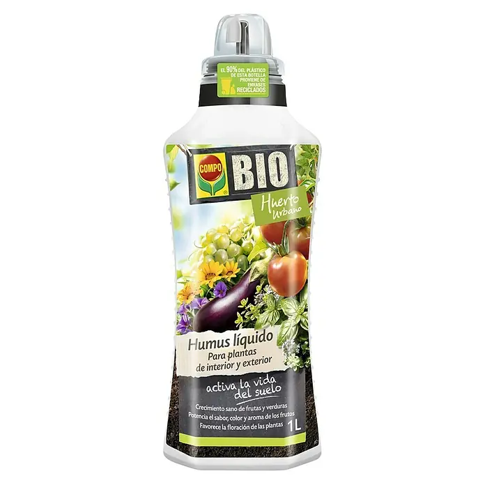 Compo Fertilizante para jardín Humus líquido - 1 l - Imagen de una botella de fertilizante de humus líquido COMPO BIO para plantas de interior y exterior, hecha con un 90% de plástico reciclado, para un crecimiento saludable.