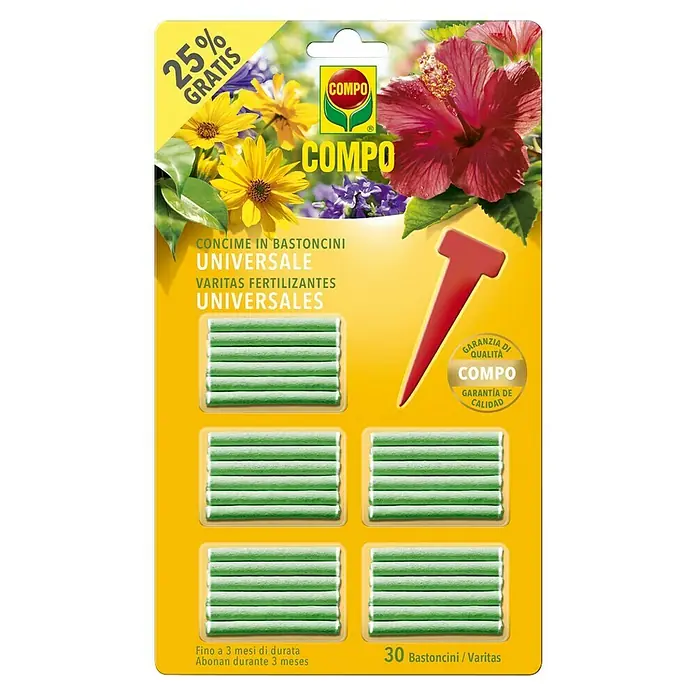 Compo Fertilizante para plantas verdes - 20 ud. - Varitas fertilizantes universales COMPO para plantas de interior, balcón y jardín. Ofrece flores exuberantes y crecimiento saludable hasta 3 meses.