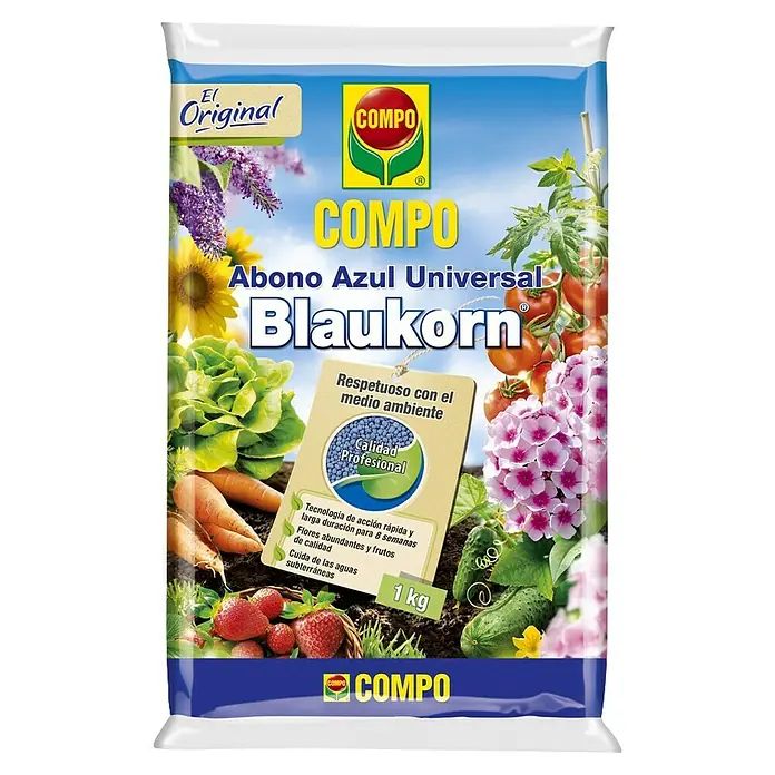 Compo Abono Azul Universal Novotec - 1 kg - Imagen de un paquete de Abono Azul Universal COMPO Blaukorn, un fertilizante para uso versátil en el jardín.