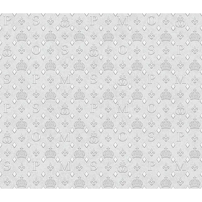 Glööckler Pompöös Provence Vliestapete - Grau, Grafisch, 10,05 x 0,53 m - Elegantes Muster mit Kronen, Buchstaben und Rauten in zarten Grautönen für stilvolle Designs.