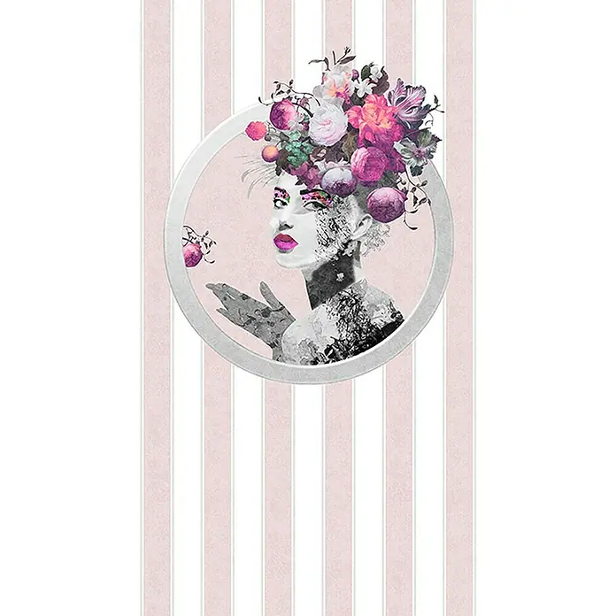 Glööckler Pompöös Provence Fototapete - Weiß/Rosa/Grau, Streifen, L x B: 270 x 159 cm - Elegante Wandkunst mit einer Frau, umrahmt von einem floralen Kranz, vor einem zarten, gestreiften Hintergrund. Perfekt für stilvolle Akzente.