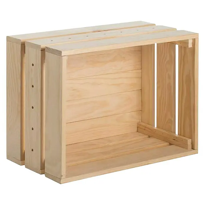 Astigarraga Home Box Holzkiste - L x B x H: 28 x 51,2 x 38,4 cm, Natur - Nahaufnahme von drei hellen Holzobstkisten, die übereinander gestapelt sind und deren Holzmaserung sichtbar ist.