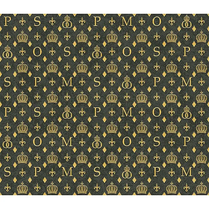Glööckler Pompöös Provence Vliestapete - Schwarz/Gold, Grafisch, 10,05 x 0,53 m - Ein detailreiches Muster mit goldenen Kronen, Buchstaben und Fleur-de-Lis-Motiven auf dunklem Grund, ideal für Stoffe und Hintergründe.