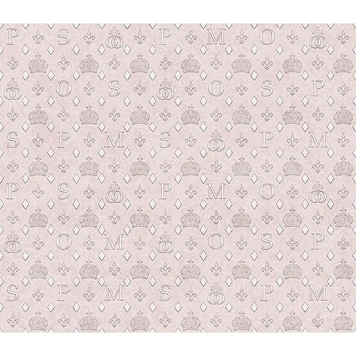 Glööckler Pompöös Provence Vliestapete - Rosa, Grafisch, 10,05 x 0,53 m - Zartrosa gemustertes Hintergrundbild mit Kronen, Buchstaben und Rauten für königliche Akzente.