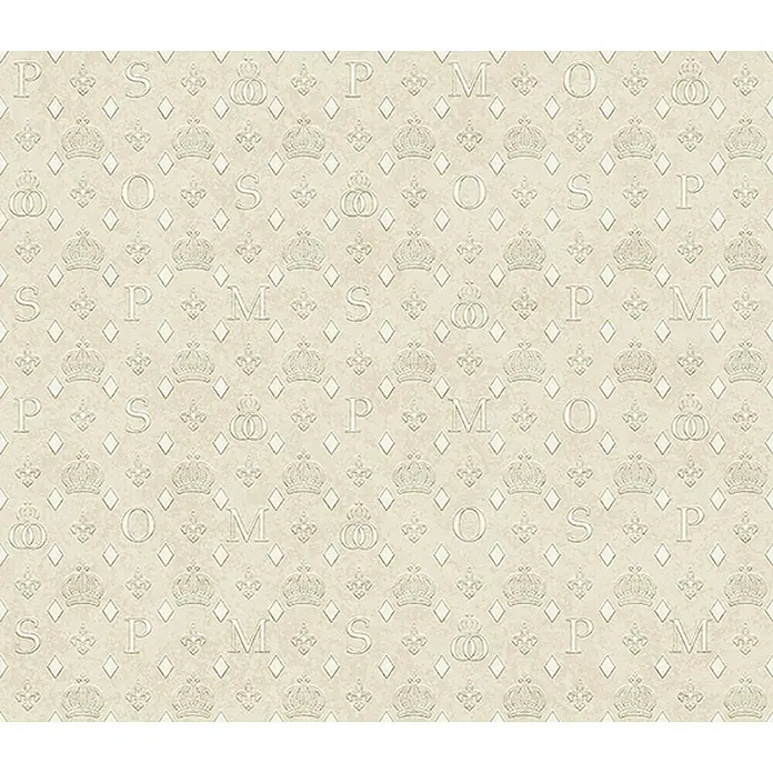 Glööckler Pompöös Provence Vliestapete - Beige, Grafisch, 10,05 x 0,53 m - Beige Tapete mit Kronen, Rauten, Buchstaben P, O, S, M in einem sich wiederholenden Muster für eine elegante Wandgestaltung.