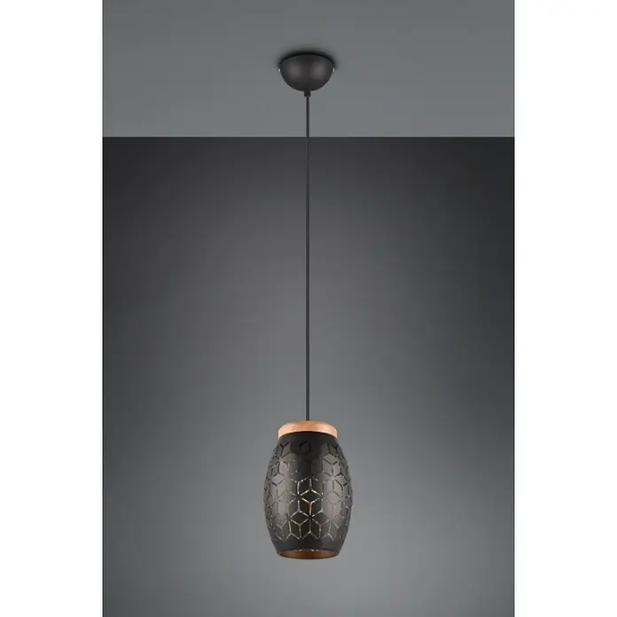 Reality Leuchten Bidar Lámpara colgante - 28 W, L x An x Al: 15 x 15 x 150 cm, Negro, E27 - Elegante lámpara colgante negra con un patrón decorativo y detalles en madera. Ideal para espacios modernos e iluminación con estilo.