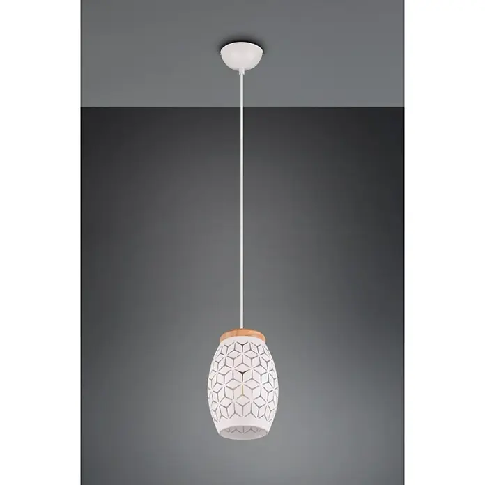 Reality Leuchten Bidar Lámpara colgante - 28 W, L x An x Al: 15 x 15 x 150 cm, Blanco, E27 - Una lámpara colgante moderna con una pantalla blanca estampada y un detalle de madera, colgada del techo.