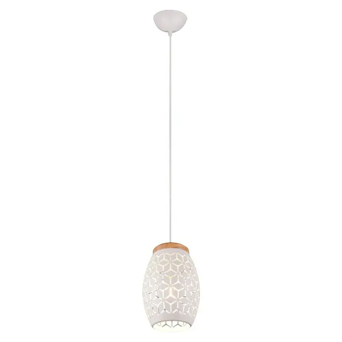Reality Leuchten Bidar Lámpara colgante - 28 W, L x An x Al: 15 x 15 x 150 cm, Blanco, E27 - Lámpara colgante moderna con patrón geométrico y detalles de madera para iluminación elegante.