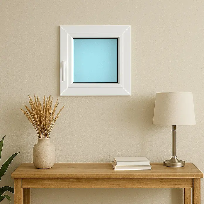 Solid Elements Ventana de PVC practicable-oscilobatiente - 60 x 60 cm, Derecha, Blanco - Una ventana de plástico blanca con cristal azul cuelga sobre una mesa de madera con jarrón, libros y lámpara.