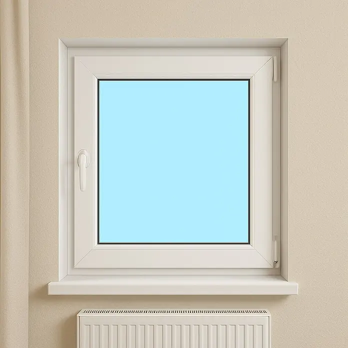 Solid Elements Ventana de PVC practicable-oscilobatiente - 80 x 80 cm, Derecha, Blanco - Un primer plano de una ventana blanca de PVC muestra un cielo azul claro, integrándose perfectamente en la pared color crema.