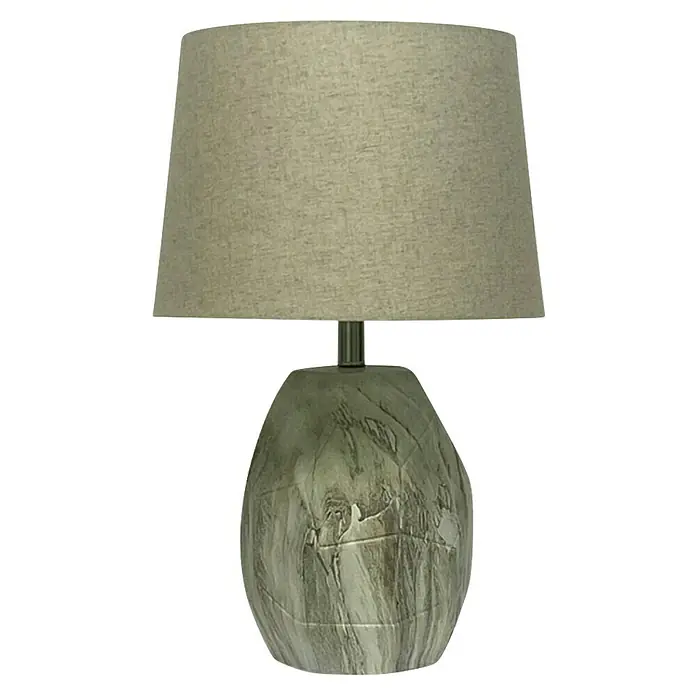 Lámpara de sobremesa de cerámica - 40 W, L x An x Al: 36 x 36 x 56 cm, Beige marmolado, E27 - La lámpara de mesa decorativa presenta una pantalla de lino beige y una base gris estampada, creando un ambiente elegante.