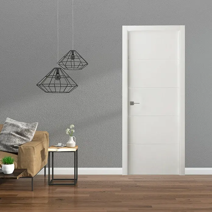 Pack puerta de interior reversible - 62,5 x 203 cm, Izquierda/Derecha, Blanco, Maciza, Reversible - Una moderna puerta interior blanca con paneles horizontales se integra perfectamente en un salón elegante. La puerta destaca por su diseño elegante.