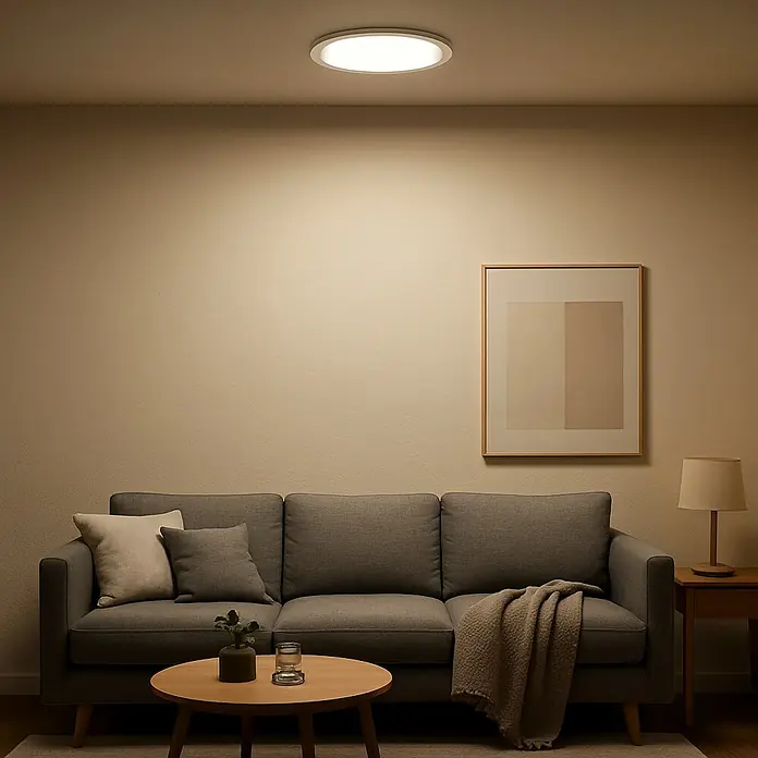 Downlight empotrable LED redondo - 9 W, Ø x Al: 14,5 x 1,4 cm, Blanco, Blanco neutro - La imagen muestra una moderna lámpara de techo en una sala de estar, que ilumina suavemente el espacio. Su diseño minimalista complementa el interior.