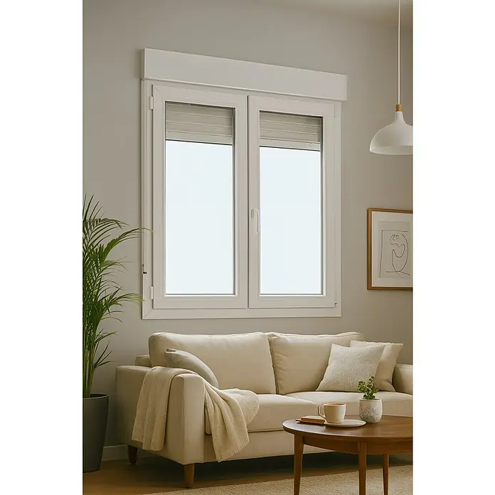 Solid Elements Ventana de PVC practicable-oscilobatiente - 105 x 115,5 cm, Derecha, Blanco - Una sala de estar luminosa con un sofá blanco, una mesa redonda y una ventana con persianas enrollables para privacidad y control de luz.