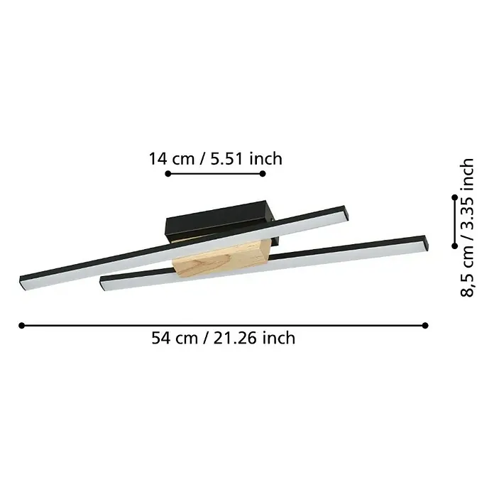 Eglo Panagria LED-Wand- & Deckenleuchte - 12,6 W, Schwarz/Braun, Warmweiß - Nahaufnahme der modernen Deckenleuchte mit LED-Beleuchtung und Holzdetails, inklusive Maßangaben.