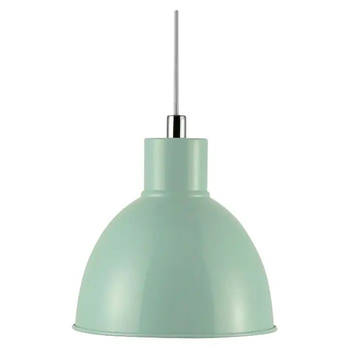 Nordlux Lámpara colgante redonda Pop - 60 W, Ø x Al: 21,5 x 23 cm, Verde, E27 - Primer plano de una lámpara colgante verde menta con una varilla de suspensión plateada sobre fondo negro.