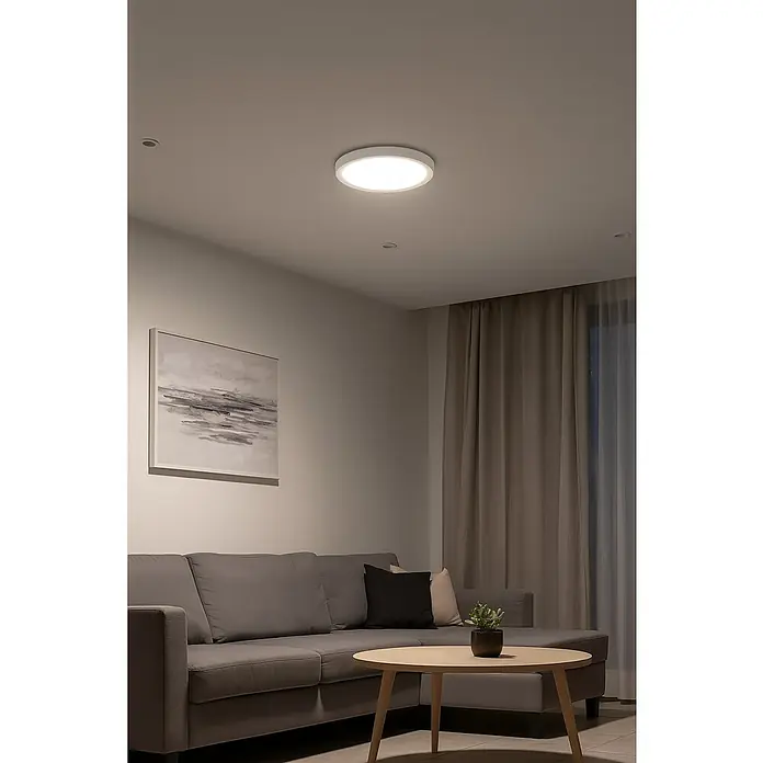Plafón LED redondo luz fría - 20 W, Ø x Al: 23 x 4 cm, Blanco, Blanco frío - Una habitación bien iluminada con una lámpara de techo moderna que proporciona un ambiente agradable. La lámpara complementa el diseño interior.