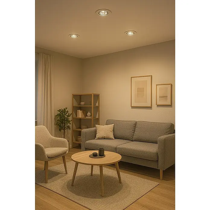 Tween Light Set de focos LED empotrables - 3 W, Níquel, 3 ud. - Salón con iluminación de techo moderna. Tres focos LED empotrables proporcionan luz cálida y un ambiente acogedor en la habitación.