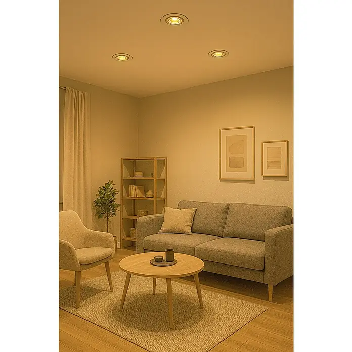 Eglo Set de focos LED empotrables redondos Tedo - 15 W, Ø x Al: 8 x 11,5 cm, Níquel mate, Blanco neutro - Salón con focos de techo. Los modernos focos empotrables proporcionan una iluminación agradable en la habitación con sofá, sillón y mesa.