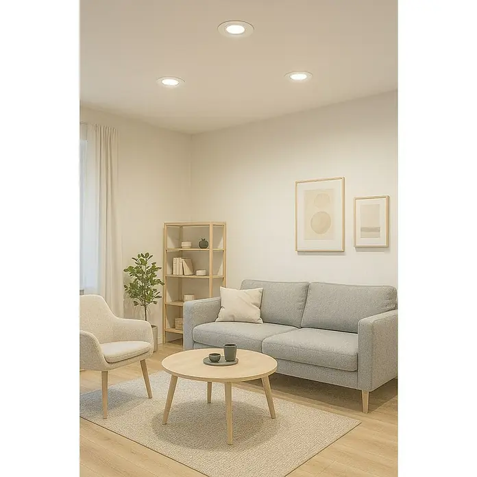 Eglo Set de focos LED empotrables redondos Tedo - 15 W, Ø x Al: 8 x 11,5 cm, Blanco, Blanco neutro - Salón luminoso con sofá gris, sillón y mesa de centro sobre una alfombra. Una planta y estantería añaden un ambiente acogedor.