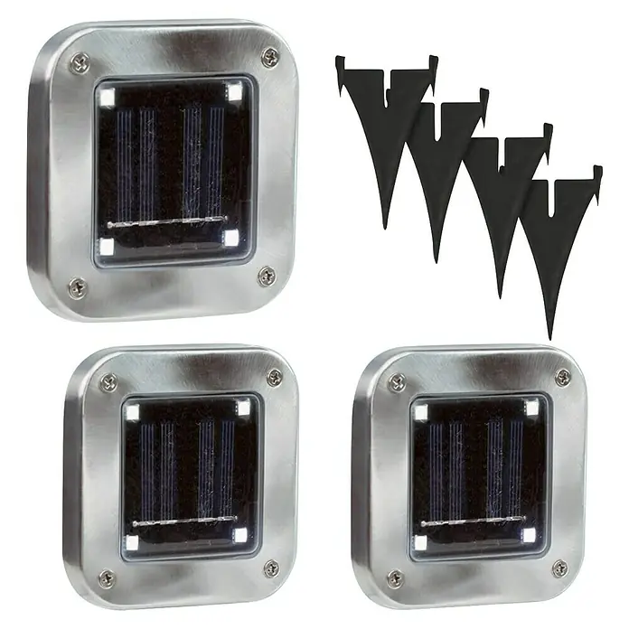Starlyf Solarleuchten-Set - L x B x H: 2 x 10 x 10 cm, Silber, IP44, 72 lm - Die Solarleuchten sind ideal für die Beleuchtung im Garten. Das Set enthält 3 Bodenleuchten und 4 Heringe zur einfachen Installation.